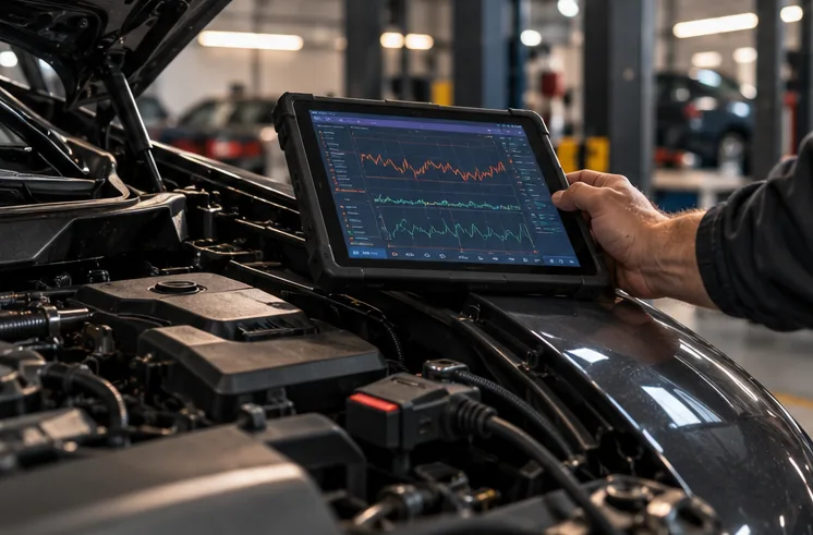 Планшет диагностики на крыле автомобиля и разъём OBD