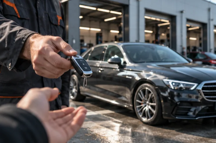 Выдача автомобиля: чистый автомобиль и ключ в руке мастера